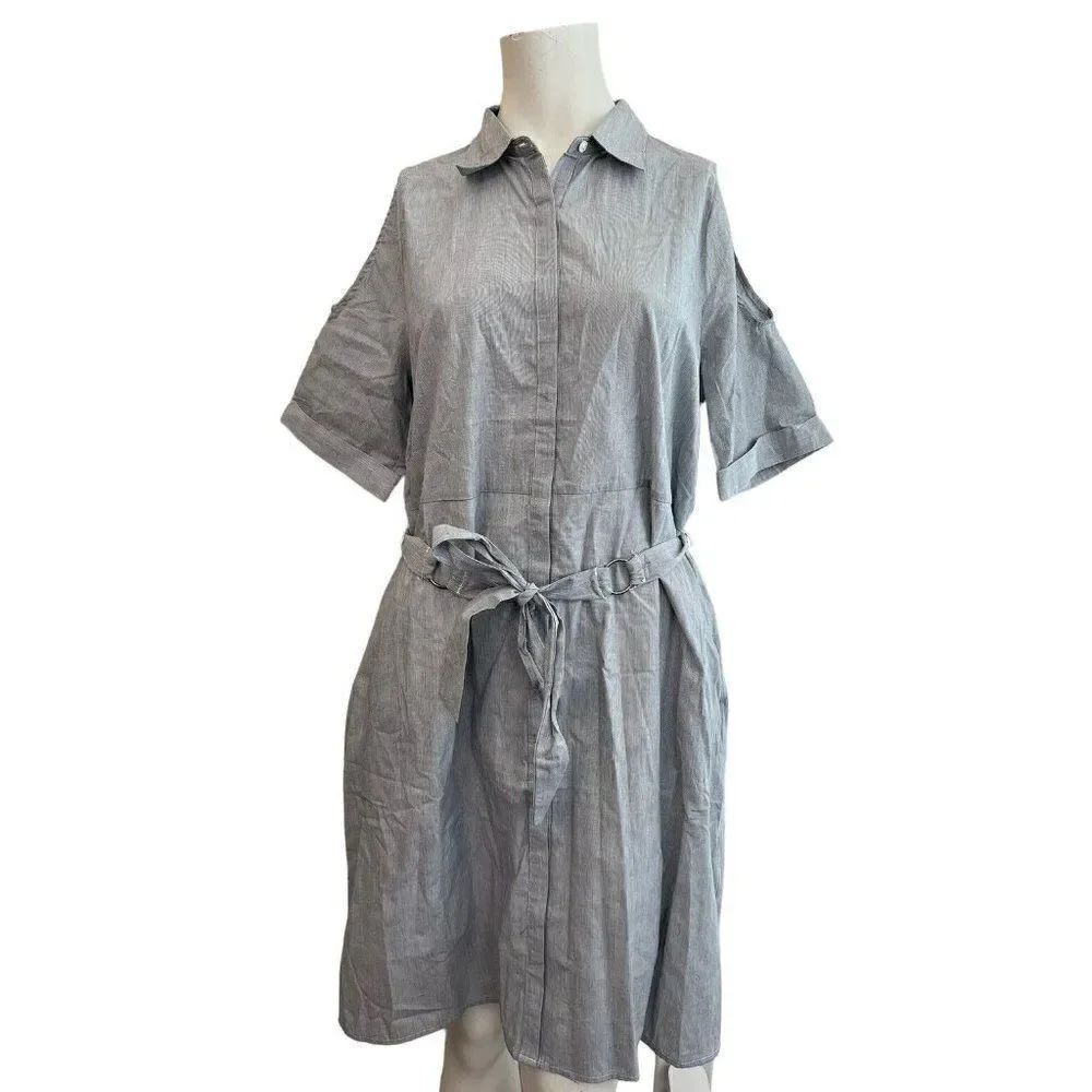 Doe & Rae S Blue Shirt Dress Short Sleeve Lined Cold Shoulder Belted Button NWT